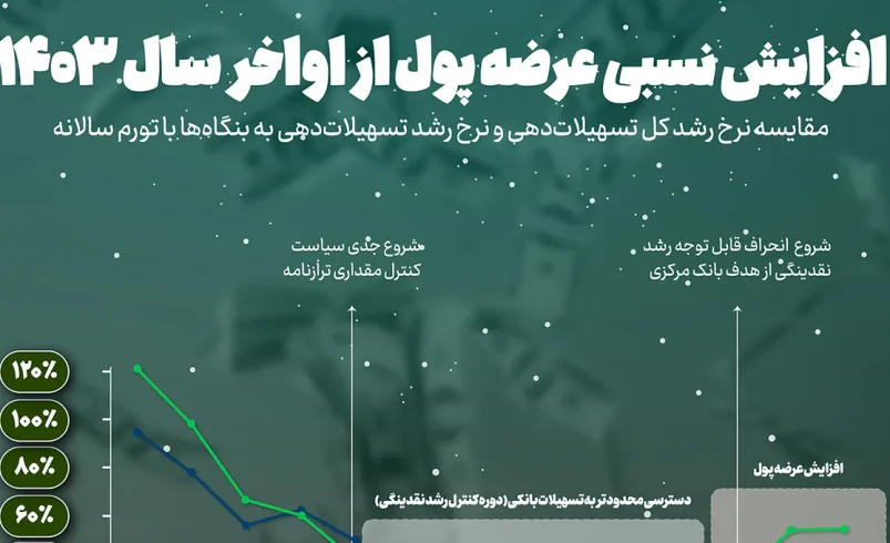 اینفوگرافیک روند عرضه پول و رشد تسهیلات بانکی در اقتصاد ایران از ۱۴۰۲ تا ۱۴۰۳ بر اساس گزارش بانک مرکزی