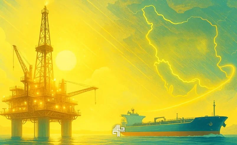 تصویری نمادین از نفت ایران در تقابل تحریم و دیپلماسی؛ بشکه‌های نفت، نمودار بازار ارز و حضور چین، هند و آمریکا در معادلات صادرات نفت در سال ۲۰۲۵