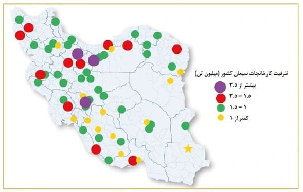 نقشه ظرفیت تولید و پراکندگی کارخانجات سیمان ایران