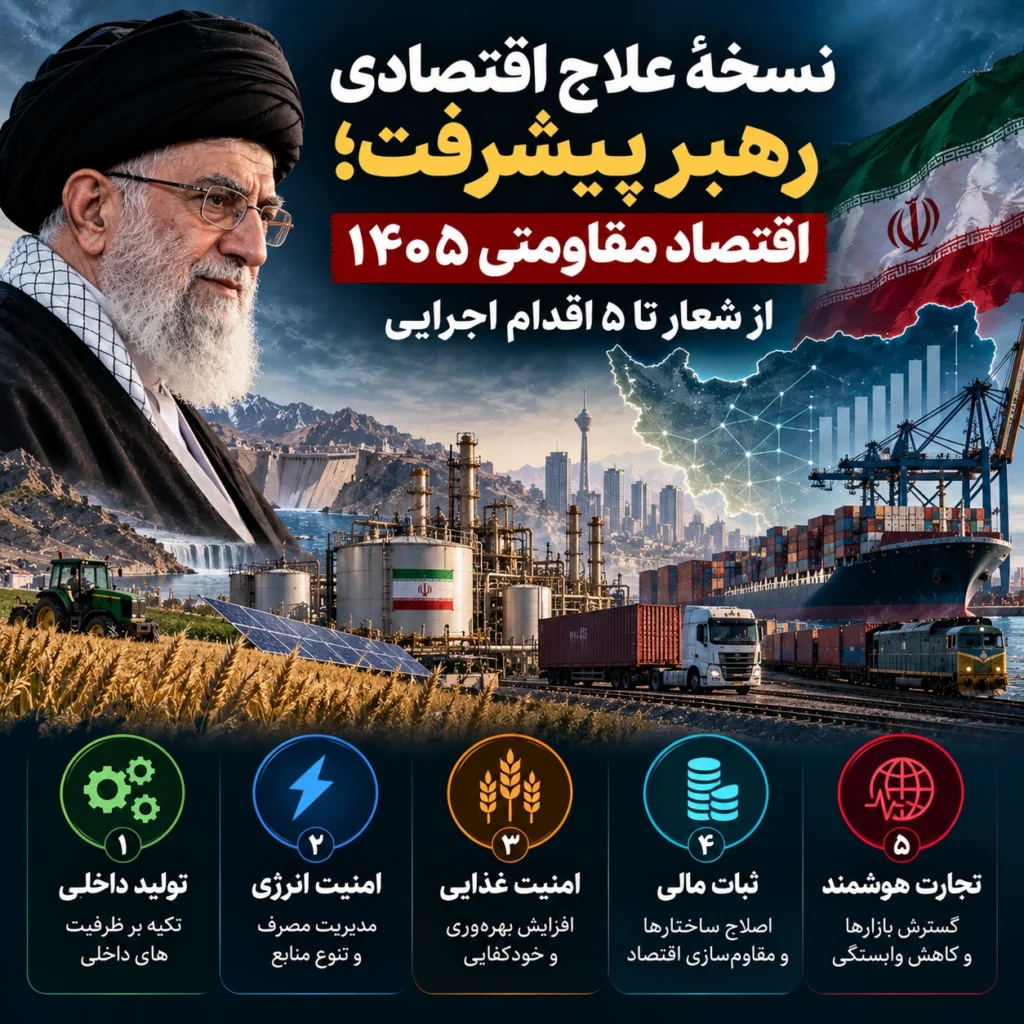 چارسو اقتصاد | تازهترین اخبار و تحلیلهای اقتصادی - تحلیل اقتصادی - چارسو اقتصاد نسخه اقتصادی رهبر برای ۱۴۰۵؛ اقتصاد مقاومتی از شعار تا ۵ اقدام قابل سنجش
