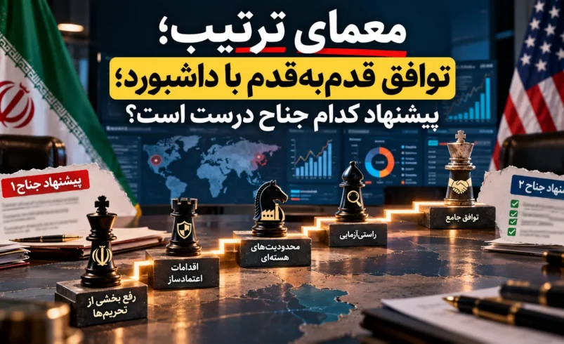 مذاکرات ایران و آمریکا؛ چه کسی اول قدم برمیدارد؟ طرح توافق با ۵ تضمین عملی - تحلیل اقتصادی - چارسو اقتصاد تصویرسازی توافق قدمبهقدم ایران و آمریکا و داشبورد پنجشاخصی راستیآزمایی تعهدات