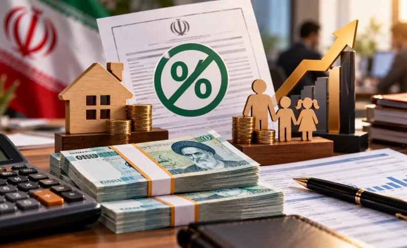 تصویرسازی معافیت مالیاتی حق مسکن و حق اولاد با نماد خانواده، خانه، اسکناس و درصد مالیات